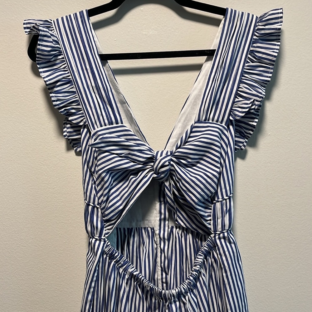 O.P.T. Stella Blue and White Stripped Tiered Ruffle Midi Dress, Seersucker, Size - Picture 10 of 13